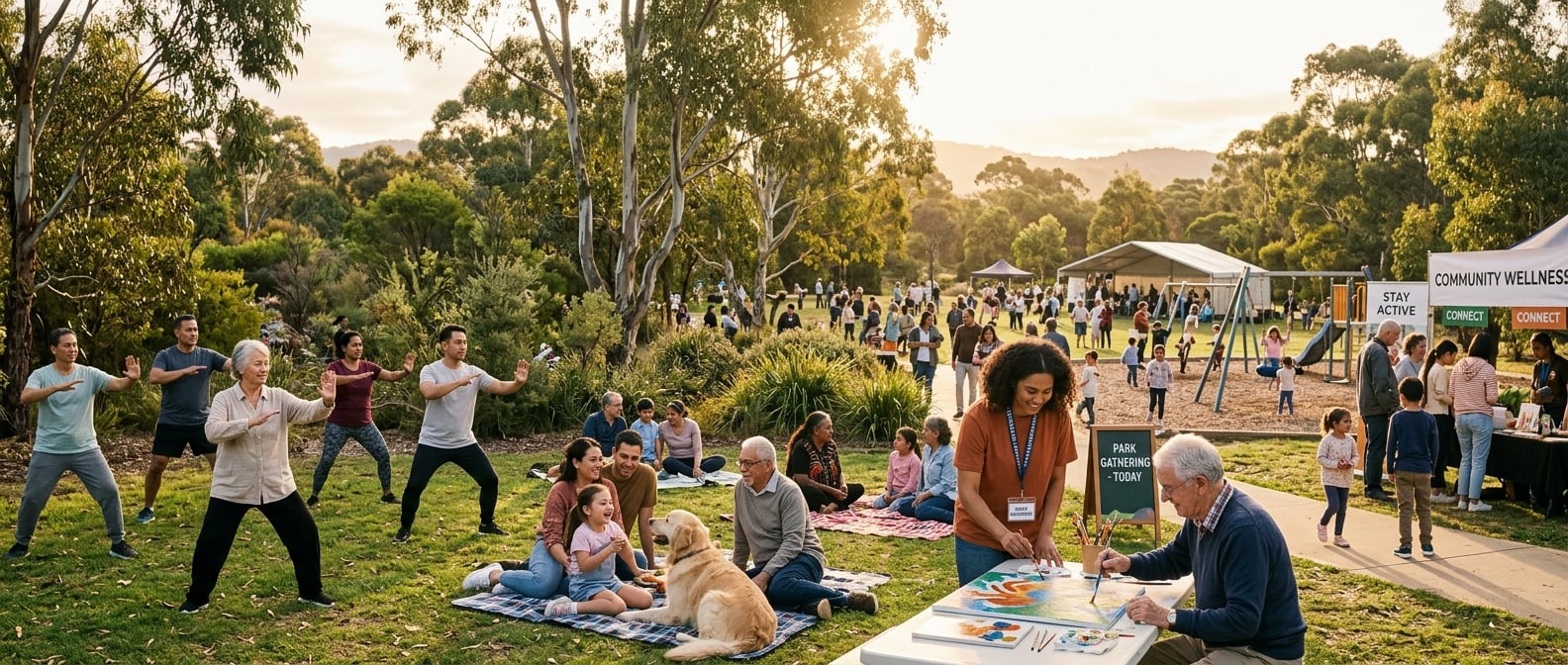 A diverse Australian community thriving together outdoors in golden afternoon light