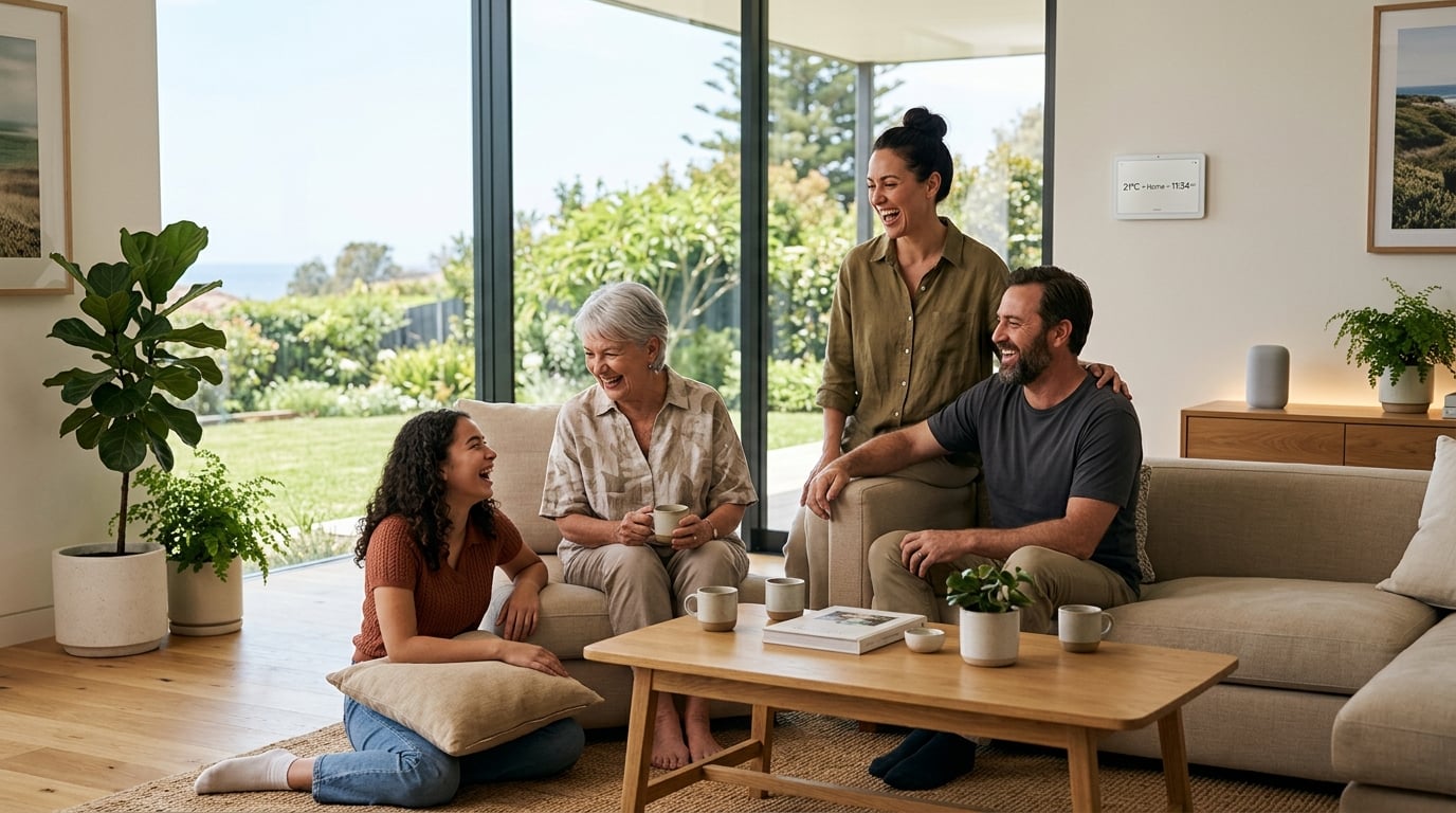 A multigenerational family enjoying a bright, smart-enabled Australian home